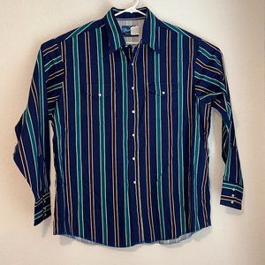 Wrangler Mens XXL Blue Teal Striped LS Pearl Snap Button Up Western Shirt Top